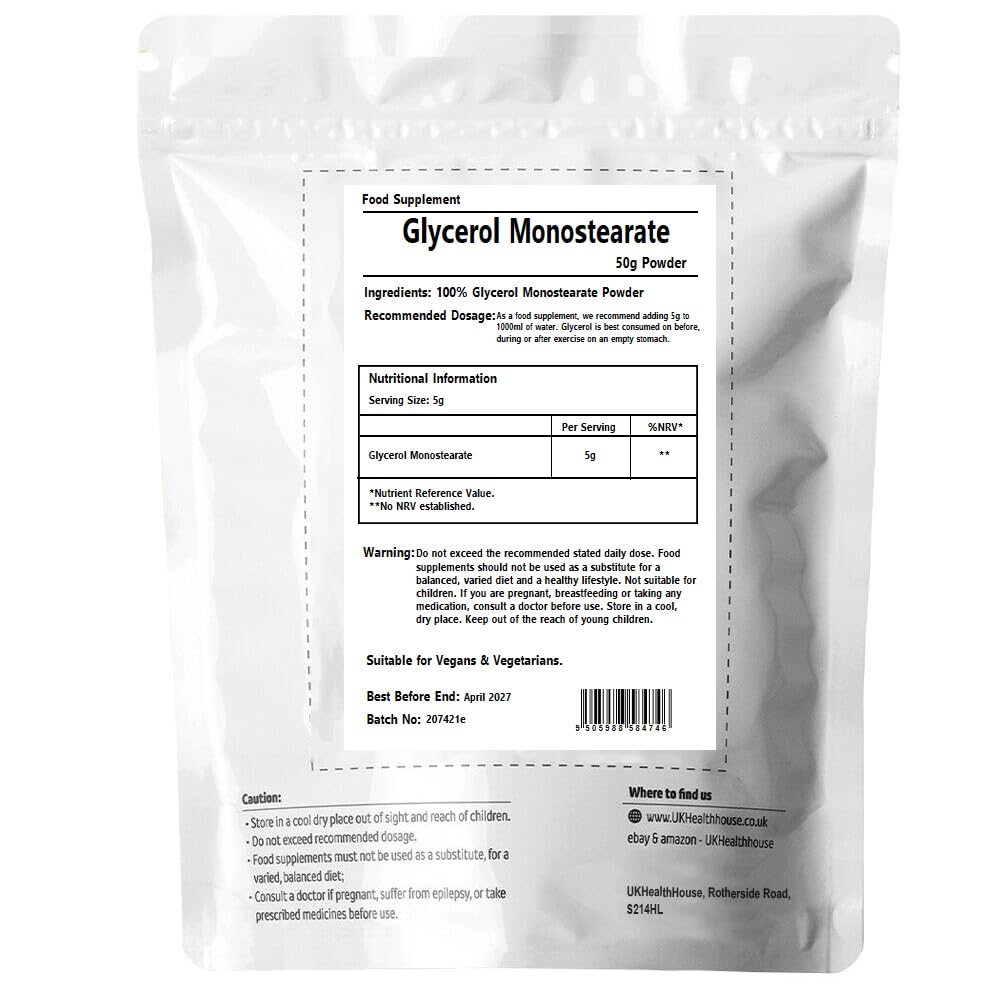 UKHealthHouse Glycerol Monostearate Powder, GMS, Pure Range, Vegan, High Strength Supplement, Packaging Vary (50g)