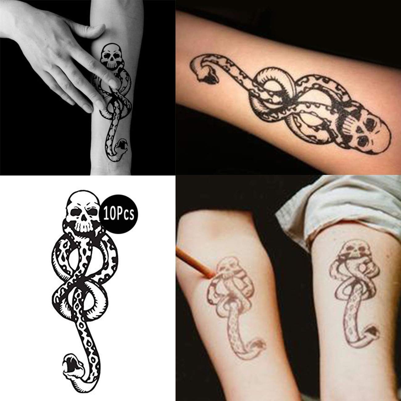 VOMONO 10 Pcs Magic Mantra Snake Skull Dark Mark Death Eater Temporary Halloween Cosplay Tattoo Accessories