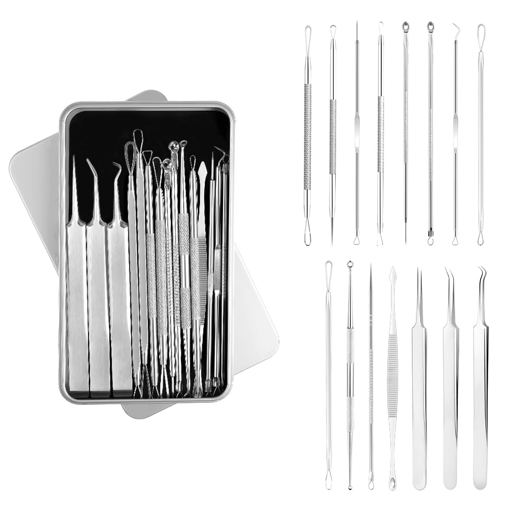 LOPHE Blackhead Remover Tool Kit, 15PCS Pimple Popper Tool Kit Stainless Steel Comedone Extractor Tweezers Acne Needle Pimple Popping Kit for Removing Pimple Blackheads Zit on Forehead Facial Nose