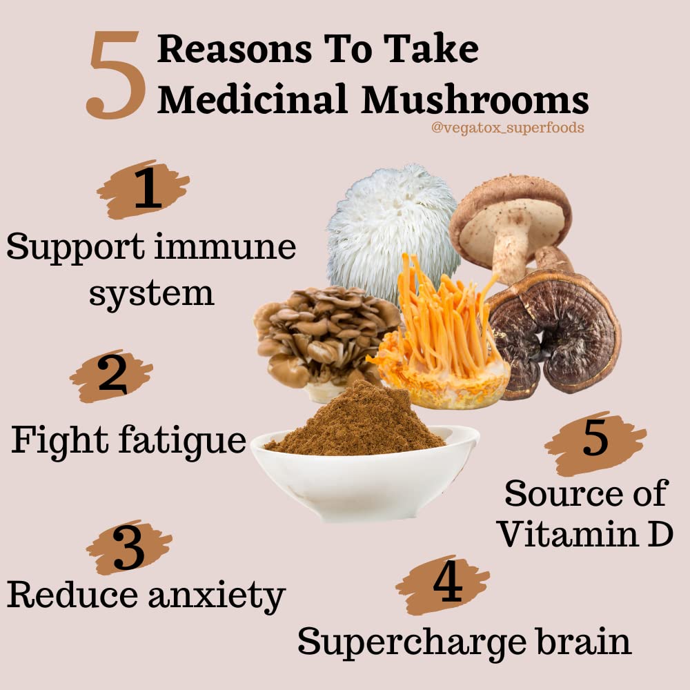 Seven Mushroom Powder | Medicinal Mushrooms Blend with Chaga, Reishi, Lion's Mane, Cordyceps | 100% Pure Organic Shroom Powder| Vegatox | 100g