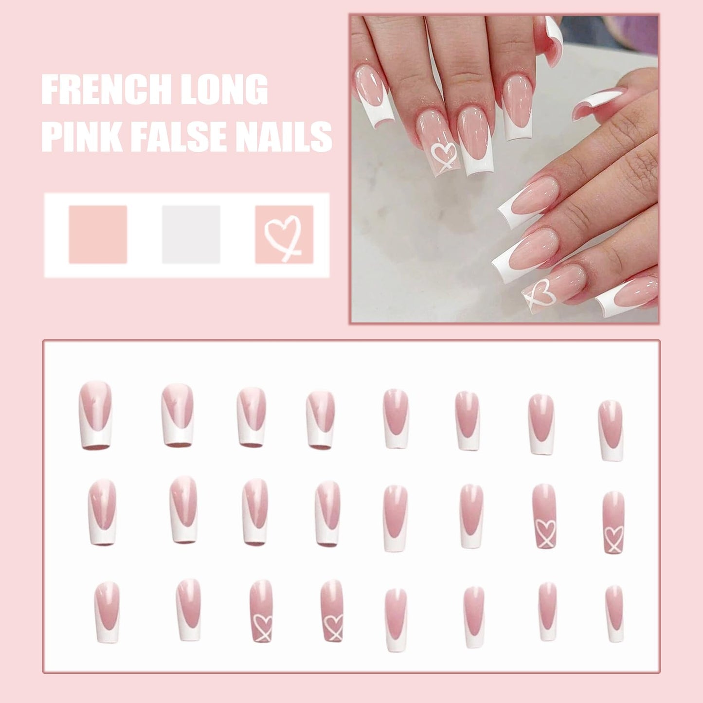 Shengqialun Pink Press on Nails, Long Coffin False Nails - French Tip Pink & White Fake Nail with Heart Accents, 24pcs Full Cover Stick on Nails with Glue, Glossy Elegant Press-Ons for Parties