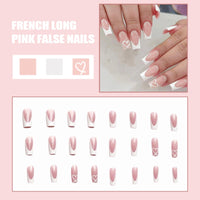 Shengqialun Pink Press on Nails, Long Coffin False Nails - French Tip Pink & White Fake Nail with Heart Accents, 24pcs Full Cover Stick on Nails with Glue, Glossy Elegant Press-Ons for Parties