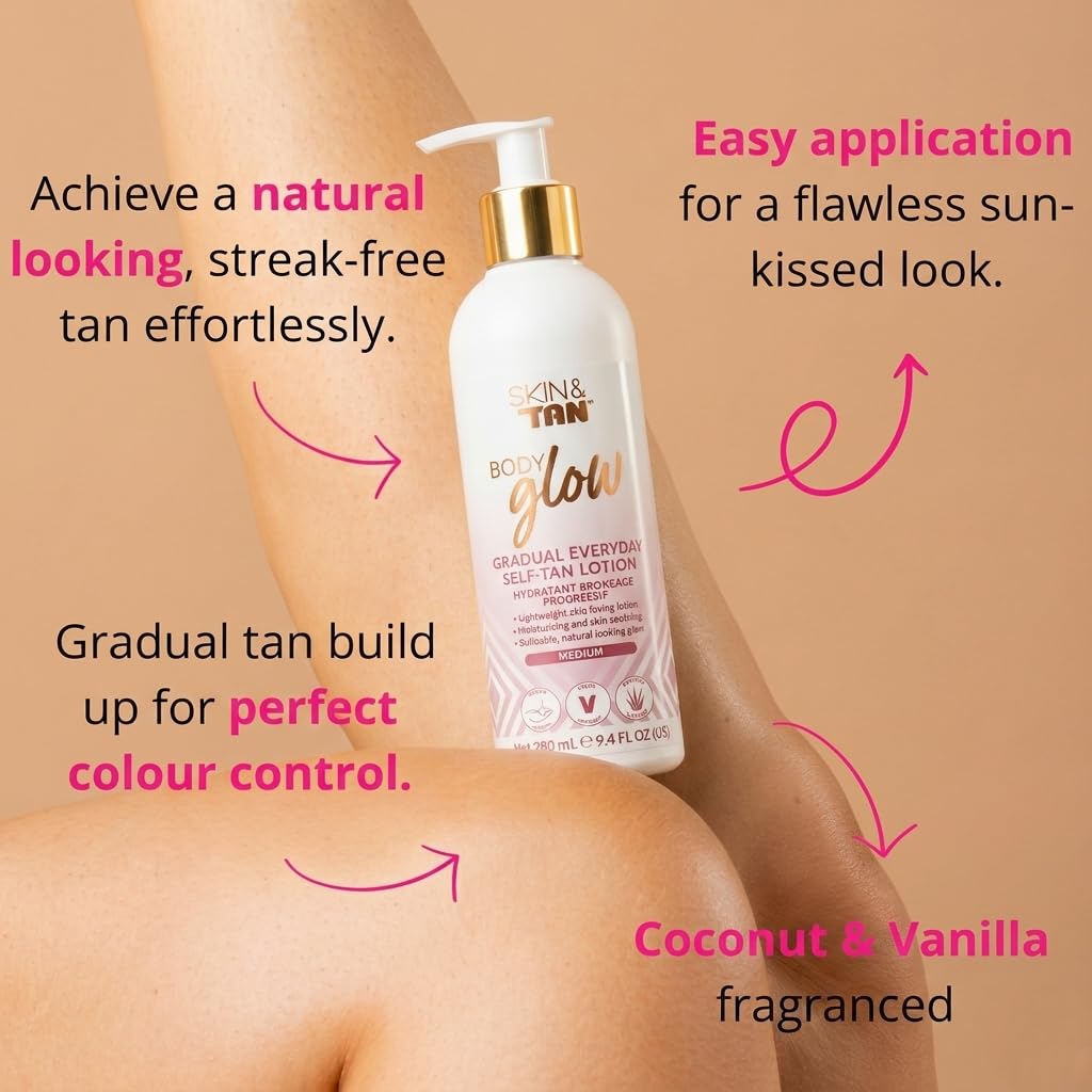 Skinny Tan Skin & Tan Body Glow Lotion - Medium Gradual Tanner for Natural Looking Sunless Tan, Streak-Free, Easy Application, Coconut Scented, Hydrating, Body Moisturiser 280ml