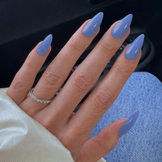 SXVME Baby Blue False Nails Medium, Acrylic Press on Nails Almond Solid Color Full Cover Fake Nails Medium Stiletto Stick on Nails for Women DIY Nail Art 24 Pcs
