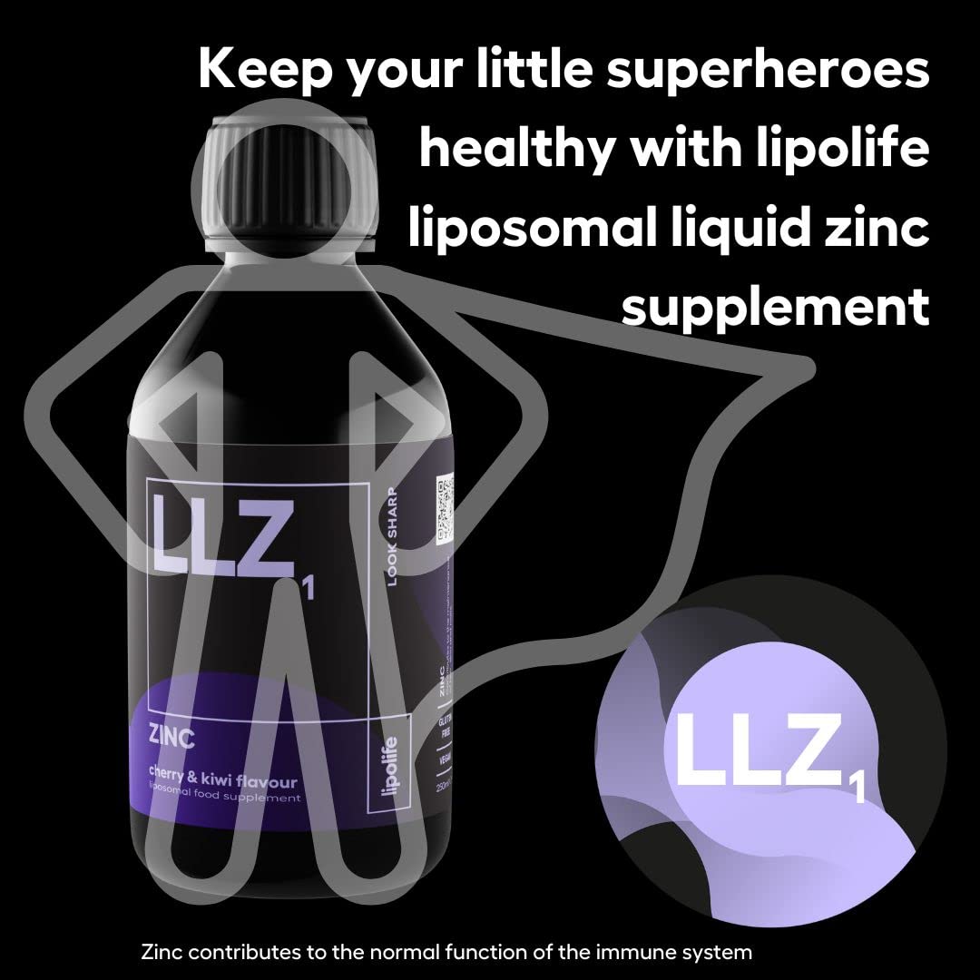 Lipolife lipolife liposomal liquid Zinc supplement for optimal immune support LLZ1. Delicious cherry and kiwi flavour, vegan, gluten free, sugar free. 48 servings.