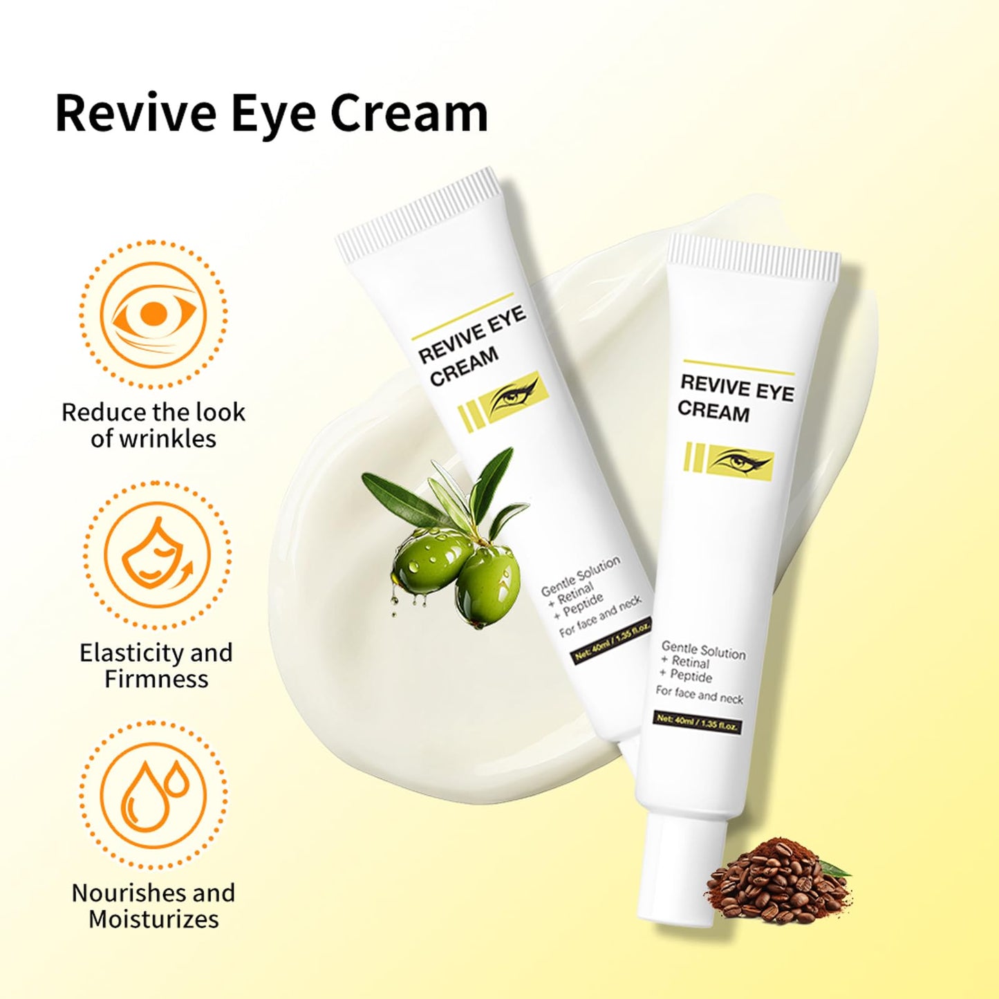 Revive Eye Cream for Face and Neck, Retinol Eyes Cream with Niacinamide & Coffea Arabica, Retinol Revive Eye Cream for Wrinkles, Reduces Wrinkles, Nourishing and Moisturizing, 40ML