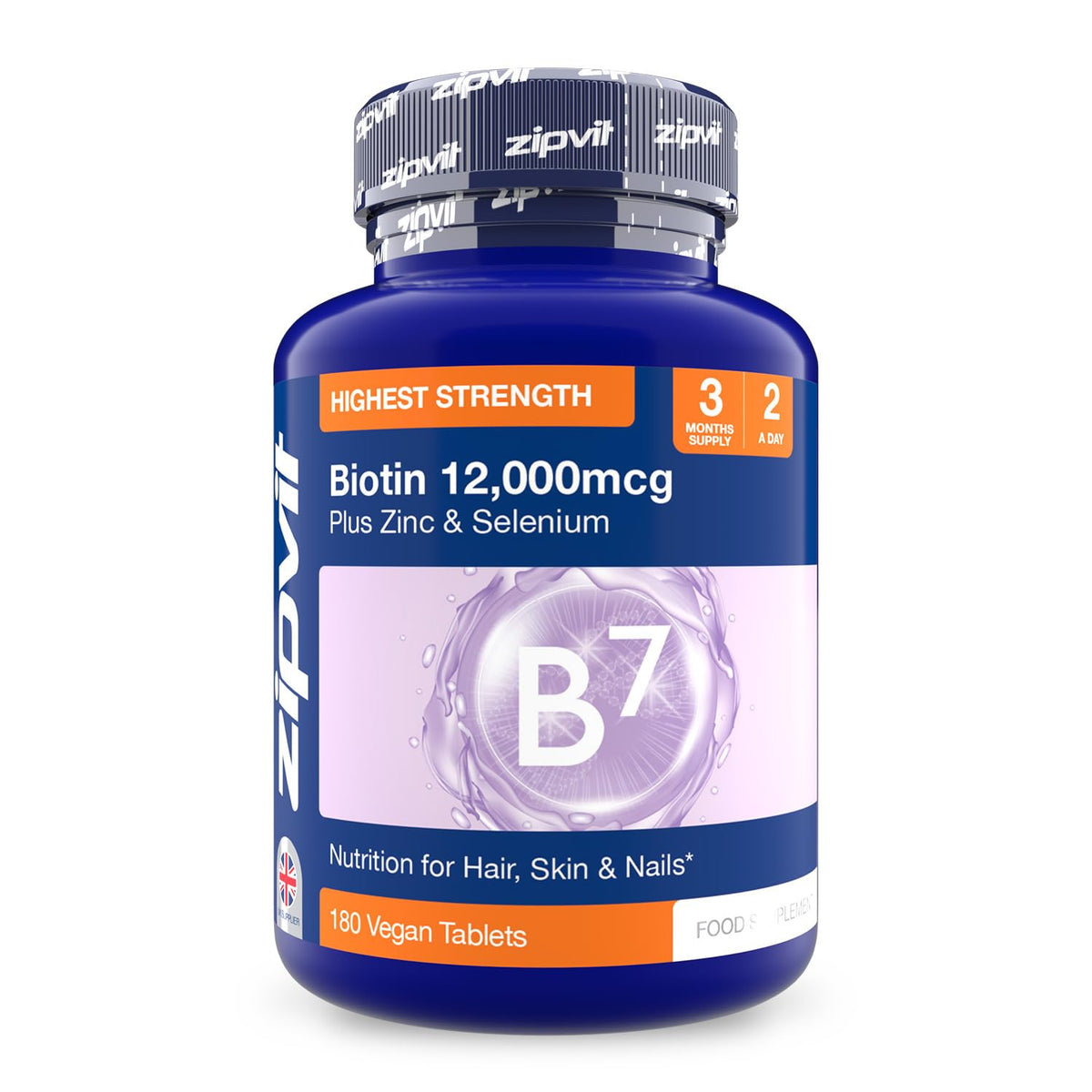 Zipvit Biotin Hair Skin & Nails Complex with Zinc & Selenium 12000mcg, 180 Vegan Tablets, High Strength Biotin for Men and Women