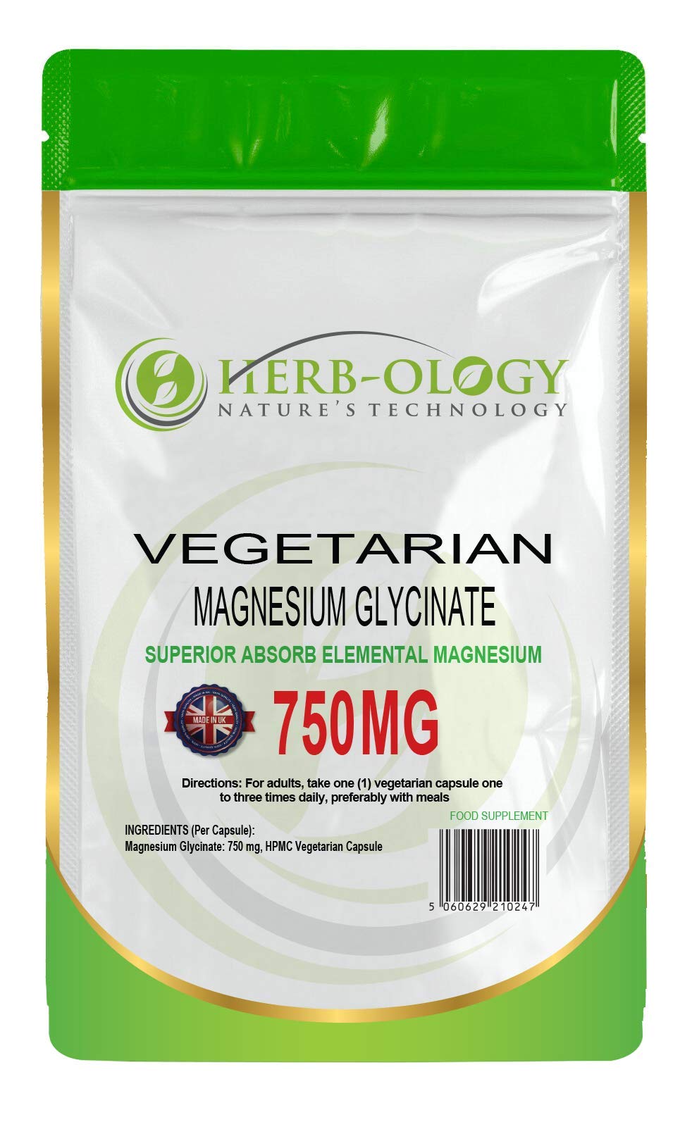Herb-ology.co.uk Nature's Technology Herb-Ology Magnesium Glycinate Capsules | 120 Vegan Capsules | Magnesium Supplements | 750mg per Capsule | Highly Bioavailable, Dairy Free & Manufactured in The UK