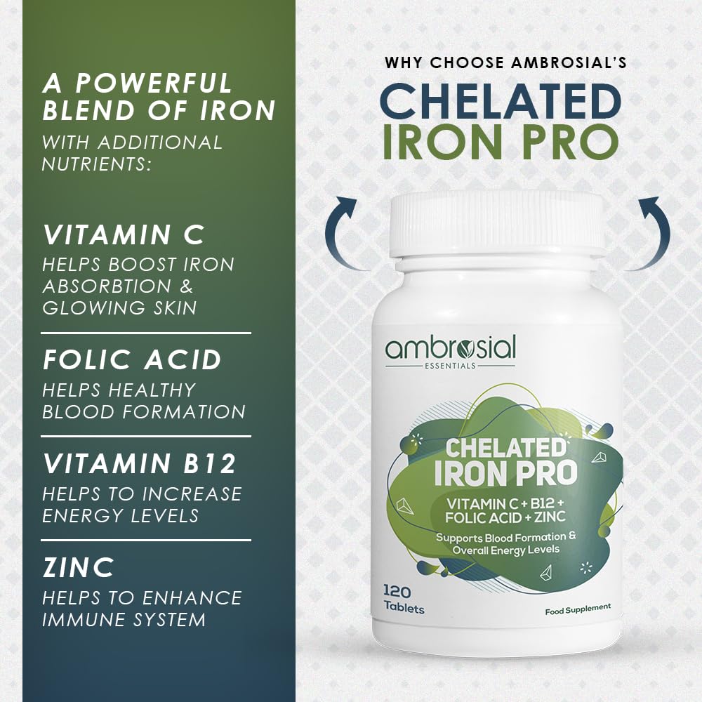 AMBROSIAL Ambrosial Chelated Iron Pro with Vitamin C, B12, Folic Acid & Zinc – Gentle on Stomach | Iron Supplement for Daily Use | 120 Veg Tablets