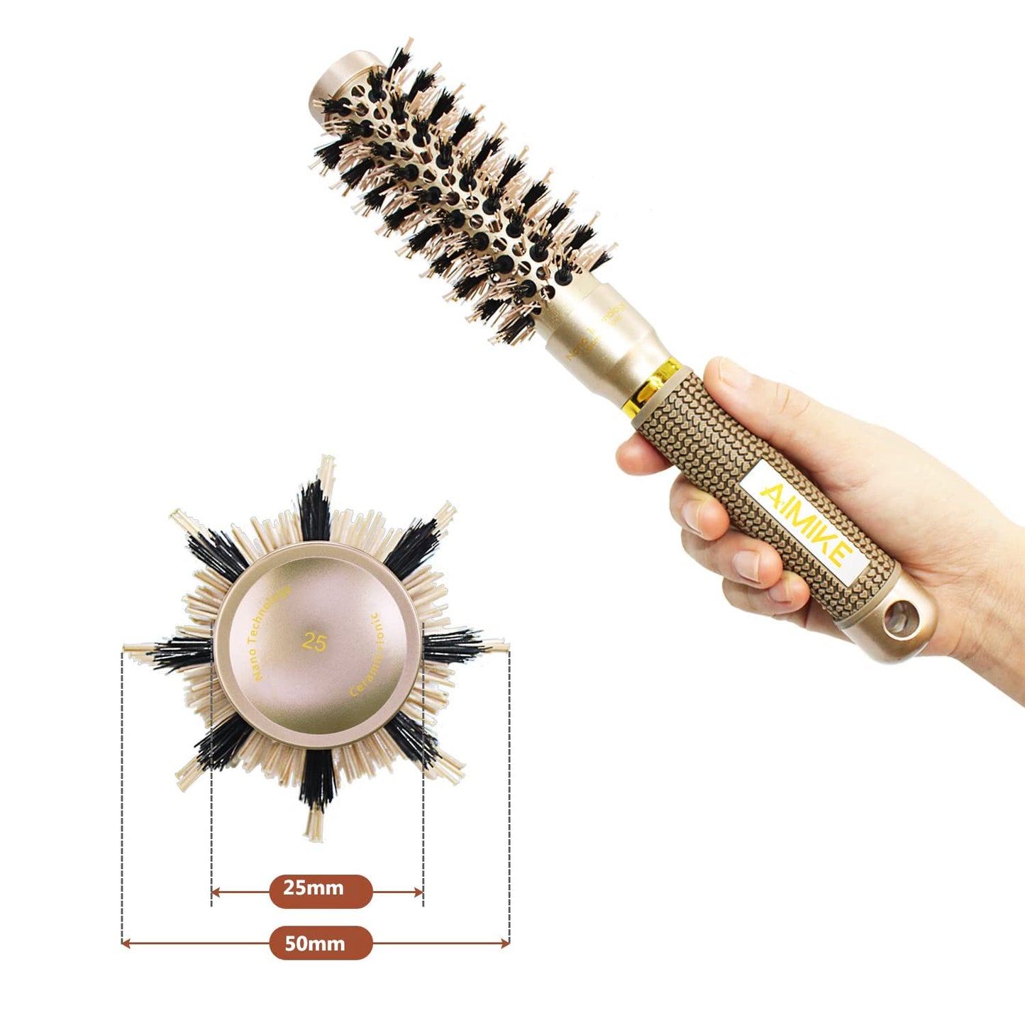 AIMIKE Round Hair Brush, Nano Thermal Ceramic & Ionic Tech Hair Brush, Small Round Brushes w/Boar Bristles for Blow Drying, Enhance Texture for Hair Drying, Styling, Curling and Shine (Barrel 1 inch)