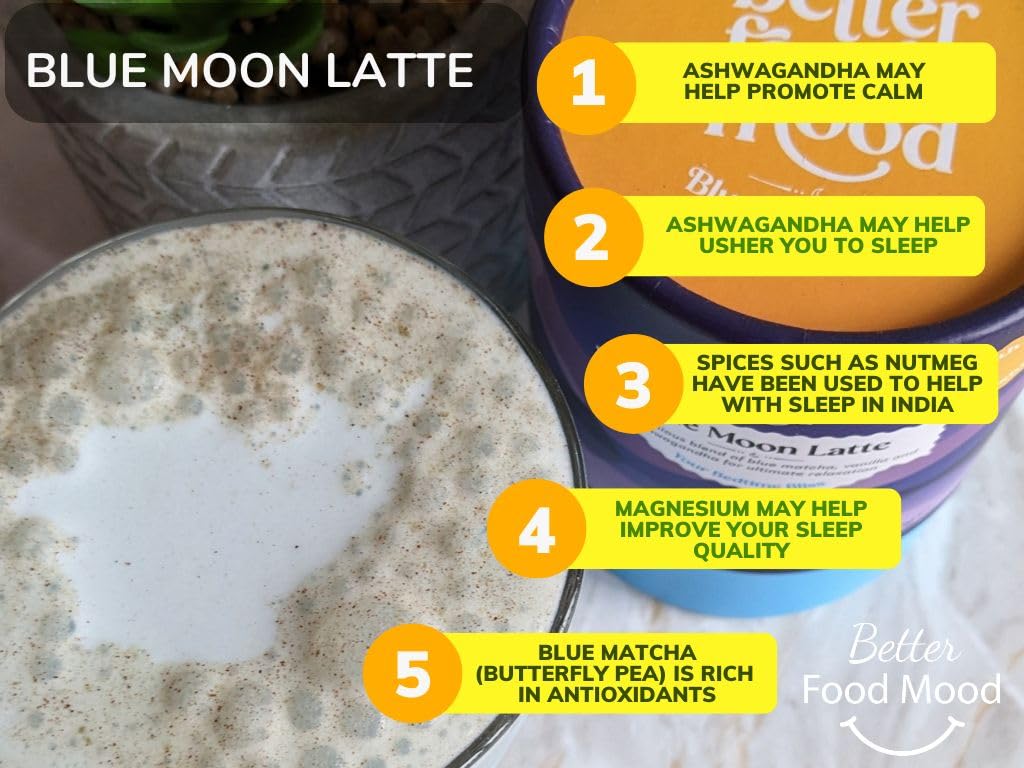 Better Food Mood Blue Moon Latte 100g | Adaptogen Blend with Ashwagandha Powder, Blue Matcha, Spices, Magnesium for Sleep & Relaxation