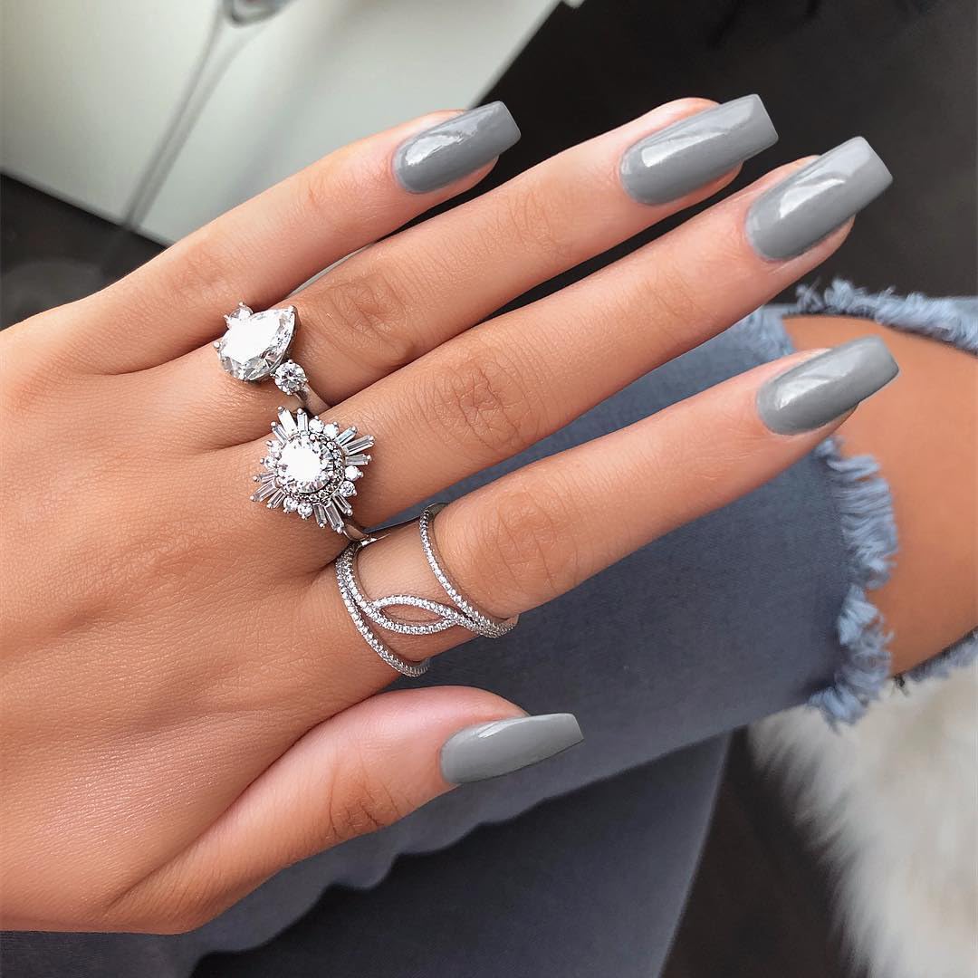SXVME Dark Gray Press on Nails Long Square, Acrylic False Nails Medium Coffin, Glossy Gel Fake Nails Press on, Sheer Gel Stick on Nail for Women, 24 Pcs
