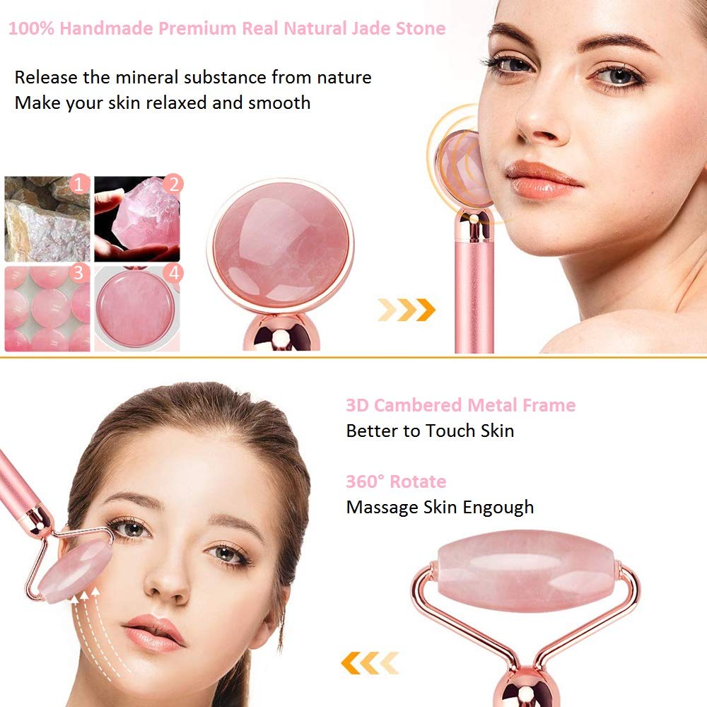WANGDEFU Electric Jade Roller Face Massager,3-in-1,100% Natural Rose Quartz Facial Roller Kit,Skin Care Beauty Roller Tool for Anti-Aging,Anti-Wrinkle,Skin Tightening,Chin Toning Roller,Rose Gold