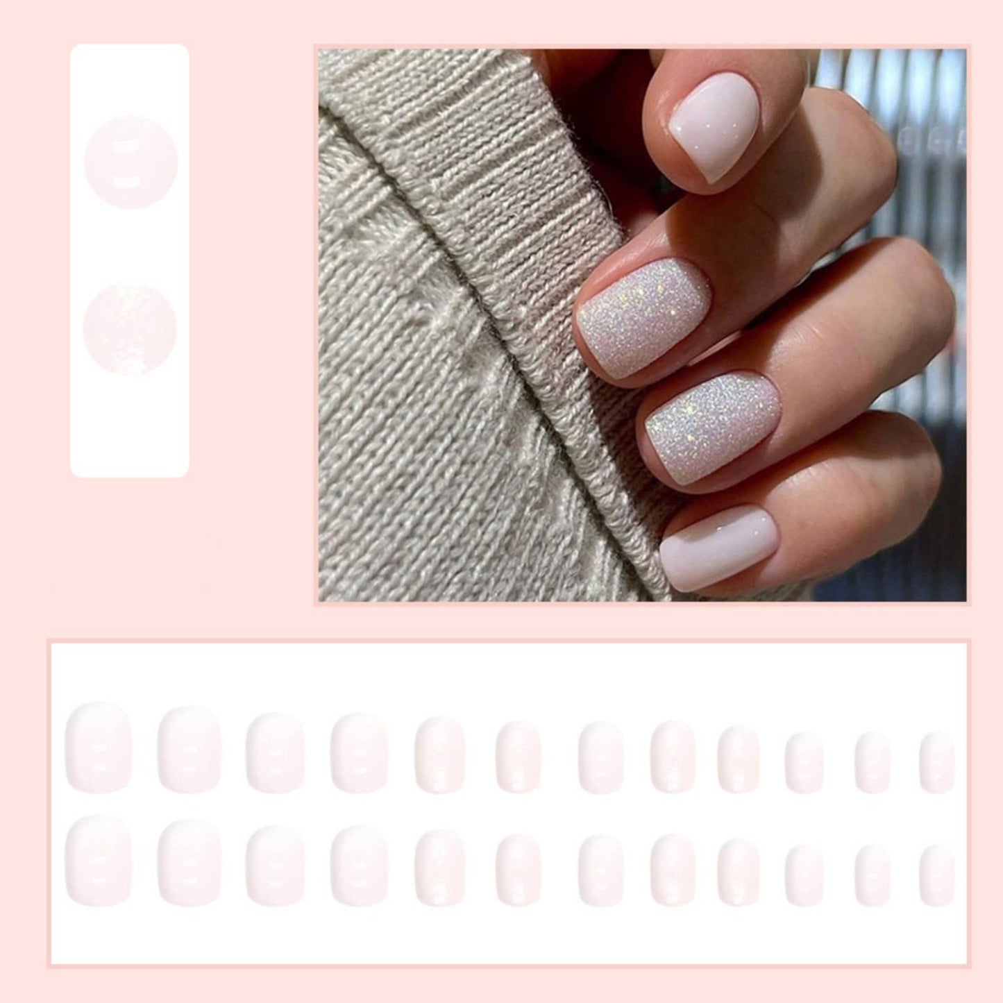 JUSTOTRY 24 Pcs Milky Short False Nails Pattern,White Solid Square Press on Nails,Glossy Fake Nails Medium for Nails Art,Glitter Squoval French Stick on Nails for Women and Teens Gifts