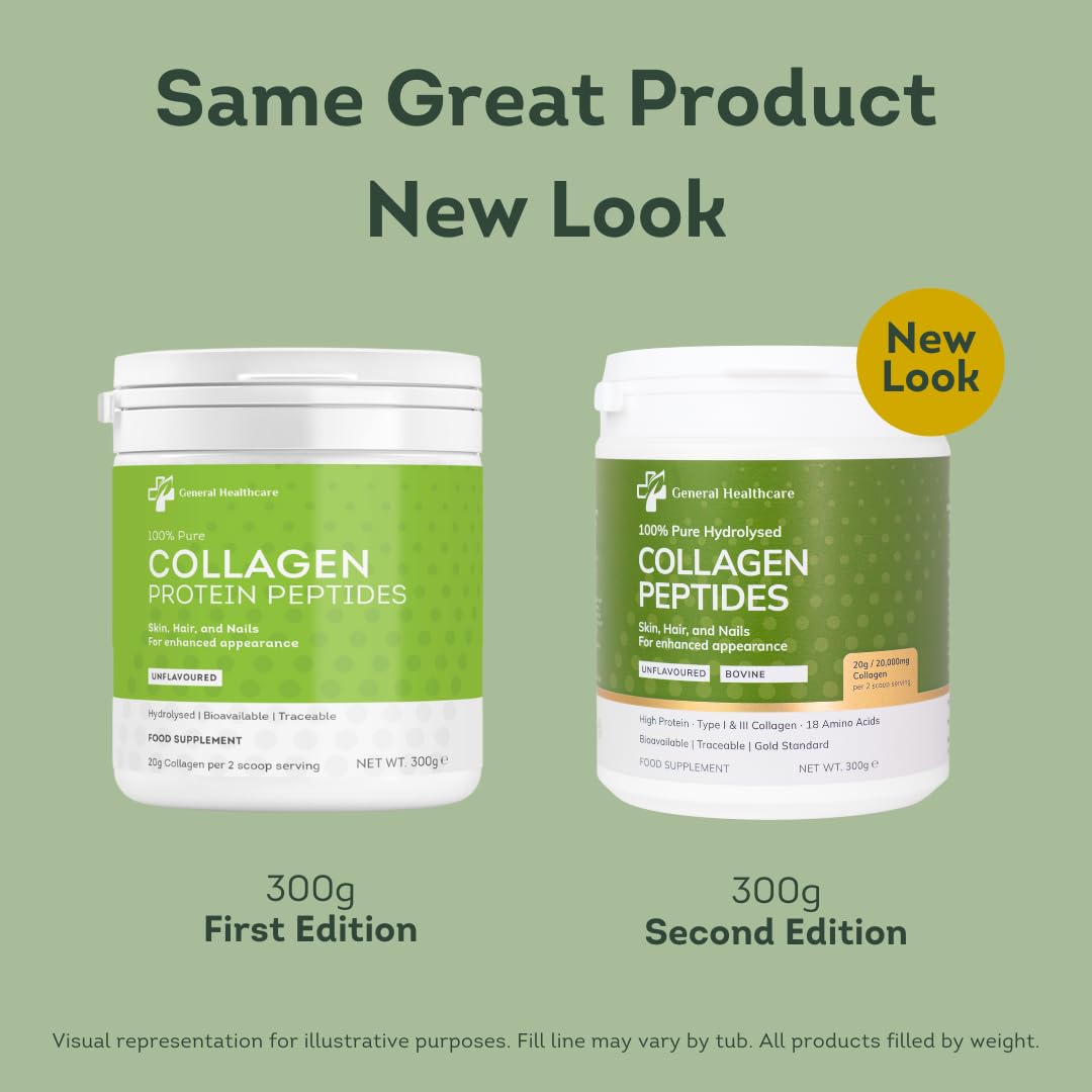Collagen Powder Bovine Peptides, Type I & III, 100% Pure Hydrolysed Gold Standard, with 18 Amino Acids, Collagen Supplement by General Healthcare - 20g / 20,000mg Collagen (Unflavoured)(300g)