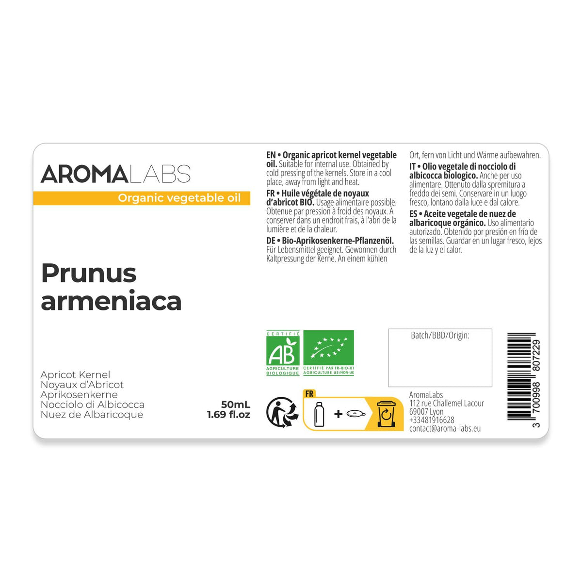 Aroma Labs ORGANIC - APRICOT KERNEL Oil - 50mL - 100% Pure, Natural, Cold Pressed and AB Certified - AROMA LABS (French Brand)