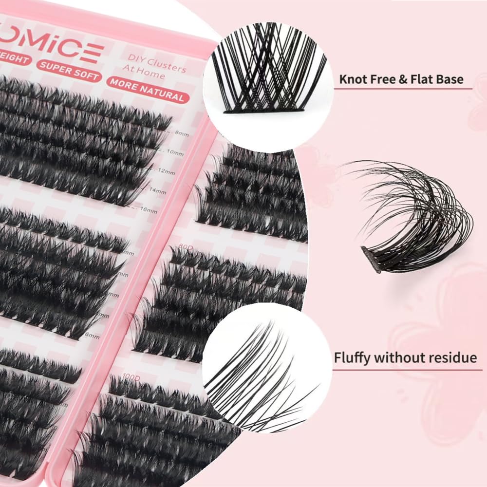 Yomice Lash Clusters Fluffy Individual Eyelashes 60D+80D+100D DIY Lash Extensions Thick Cluster Lashes 8-16mm Natural Eyelash Clusters Russian D Curl Volume Eyelash Extensions at Home(60D+80D+100D)