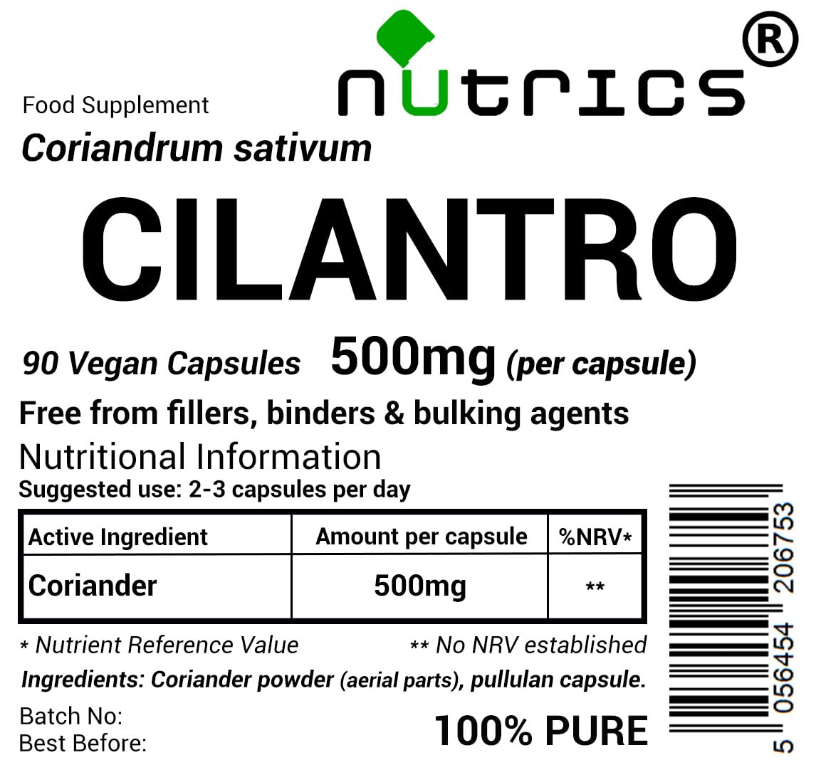 Nutrics® 500mg (per Capsule) Cilantro Coriander 90 V Capsules (1 Month Supply) Free from fillers, Binders & Bulking Agents - Suitable for Vegan Vegetarian Diet