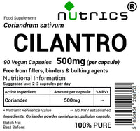 Nutrics® 500mg (per Capsule) Cilantro Coriander 90 V Capsules (1 Month Supply) Free from fillers, Binders & Bulking Agents - Suitable for Vegan Vegetarian Diet