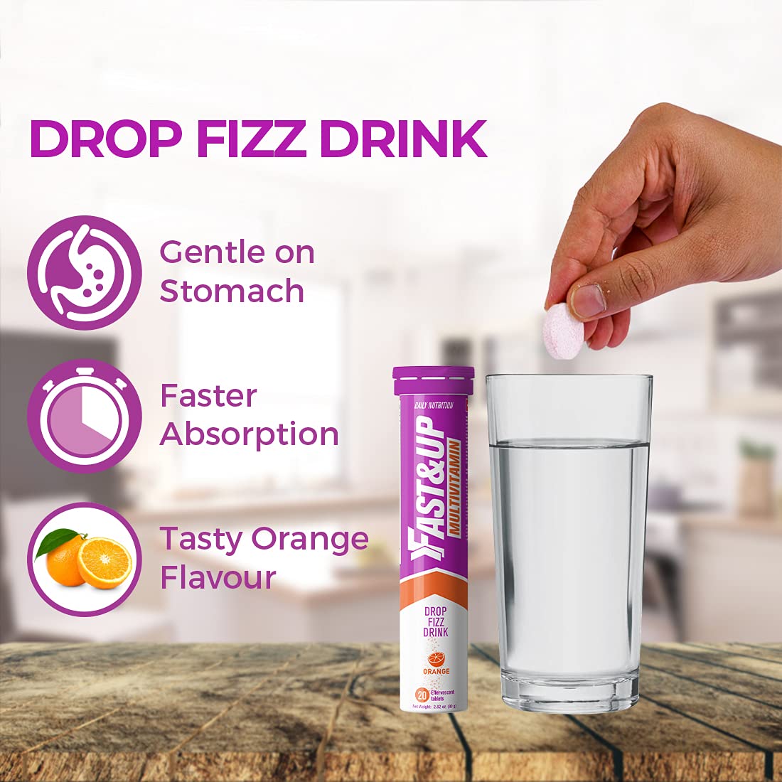 Fast&Up Multivitamin – Complete Multivitamin Supplement – All Day Energy – Saver Multipack - 80 Effervescent Tablets (4 X 20) - Supports Immune System – Orange Flavour