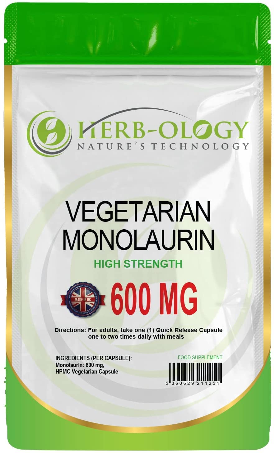 Herb-ology.co.uk Nature's Technology HB Monolaurin | 60 High Strength Monolaurin Capsules - 600mg-Monolaurin per Serving | No Artificial Ingredients or Fillers | Non-GMO, Gluten & Allergen Free | Manufactured in The UK