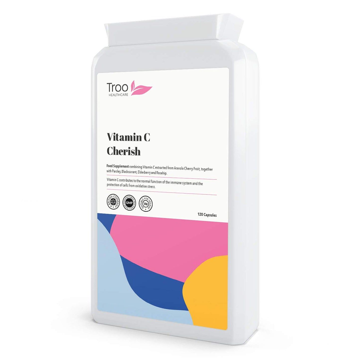 Troo Health Care Vitamin C Cherish 120 Capsules - Natural Food Vitamin C Immune Support & Fatigue Reduction Supplement Containing Acerola Cherry and Elderberry - UK Manufactured