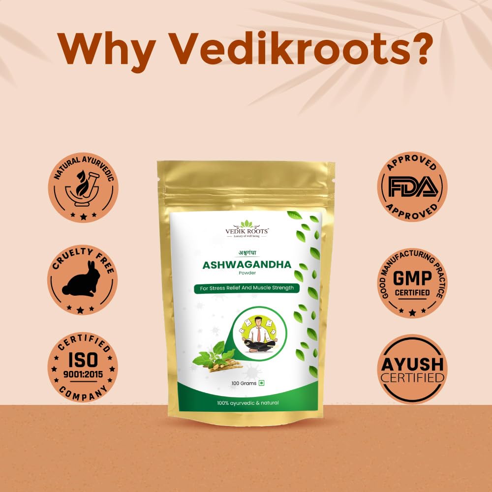 Vedikroots Ashwagandha Powder/Churn - A Stress Relief Elixir for an Active Lifestyle | Enriched with 100% Natural Ashwagandha Extracts (100g)