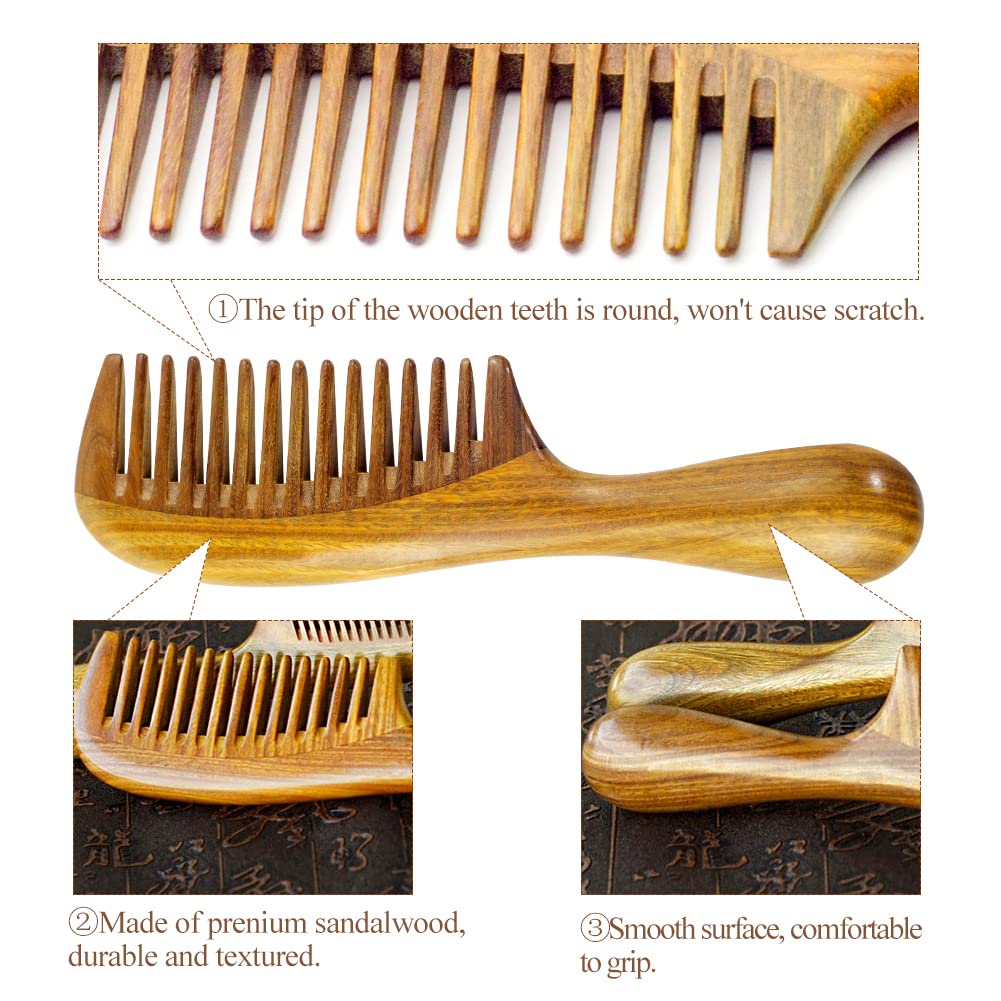 EQLEF Wide Tooth Wood Comb - Green Sandalwood Handmade Hair Comb for Men and Women