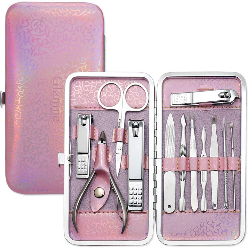GLAMNE Glamne Manicure Pedicure Set Tools Professional Stainless Steel Nail Care Kits with Holographic Travel Case(Pink)