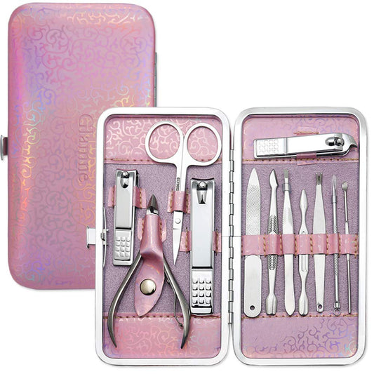 GLAMNE Glamne Manicure Pedicure Set Tools Professional Stainless Steel Nail Care Kits with Holographic Travel Case(Pink)