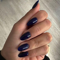 KQueenest Acrylic Press on Nails Short Oval, Deep Blue False Nails Short Almond, Glossy Solid Color Round Fake Nails Set, Reusable Natural Gel Stick on Nail for Women Finger Daily Wear 24 Pcs