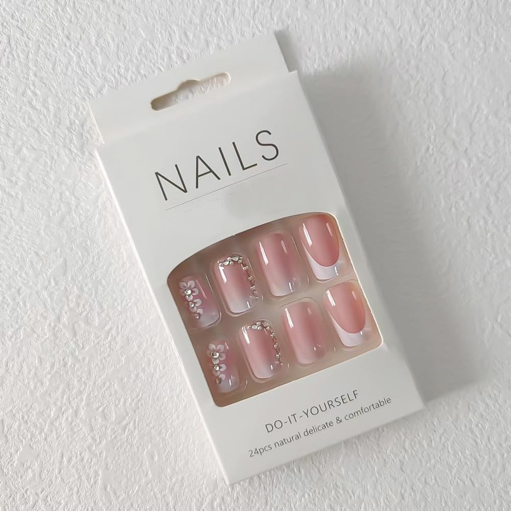 ZDHSOY 24Pcs French False Nails White Tip - Medium Square Fake Nails French Tip Press on Nails, Pink Full Cover False Nails with Rhinestones & Flowers Designs for Women Girls (Flower Design)