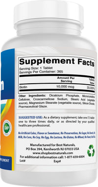 Best Naturals Biotin (Also Called Vitamin B7), 10,000 mcg, 365 Days Supply (1 Year Supply), 365 Tablets (365 Count (Pack of 1))