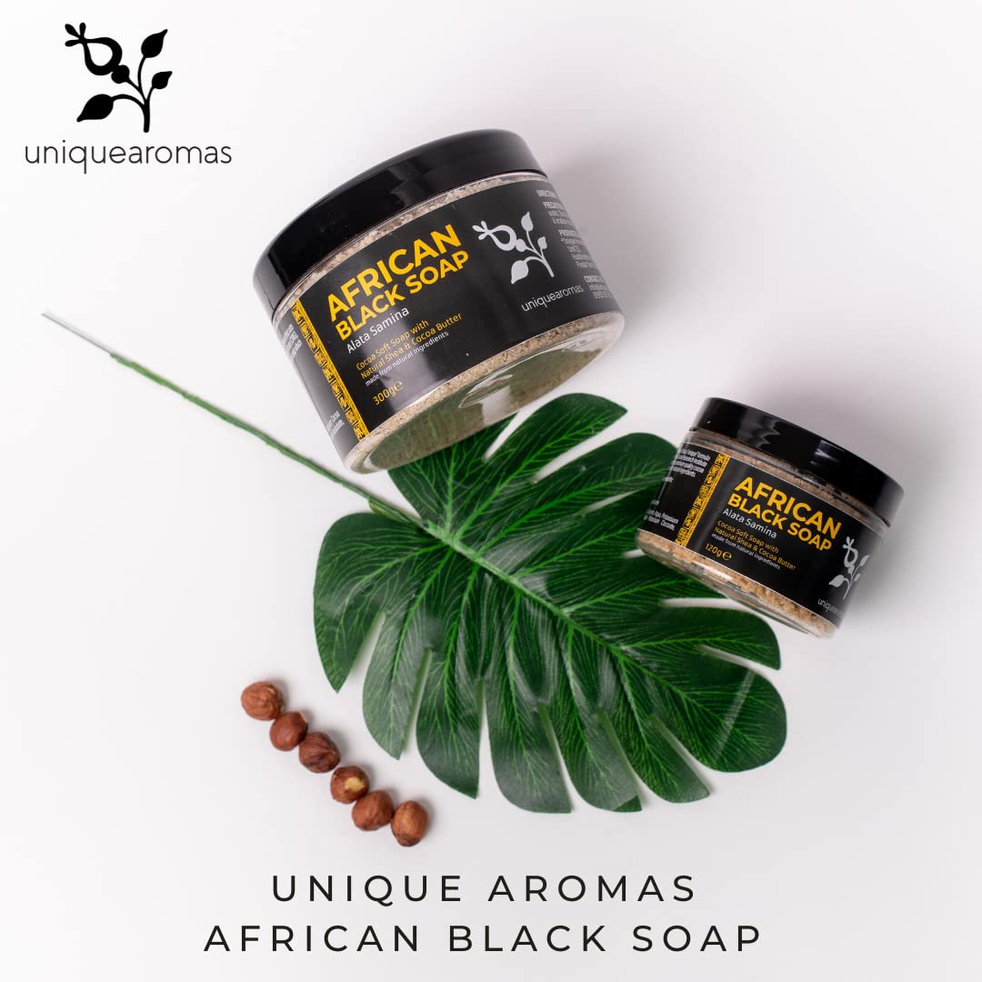 UNIQUE AROMAS Unique Aromas African Black Soap Skin Care, All in One Body Wash, Face Wash, Shampoo & Shaving Soap with Fair Trade Shea Butter Organic Soap for Acne, Rashes, Scar Removal (Unscented, 300g)
