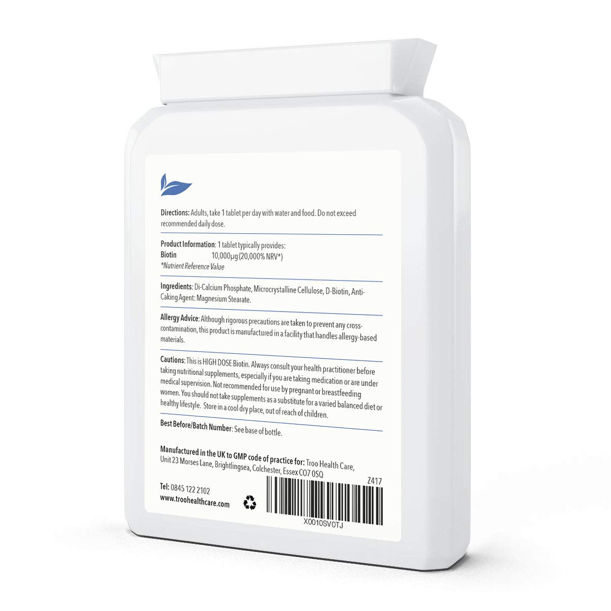 Troo Health Care Biotin 10000µg Supplement - 120 High Strength 10000 mcg Vitamin B7 Tablets for Hair Skin and Nail Support - UK Manufactured to GMP Standards - 4 Month Supply