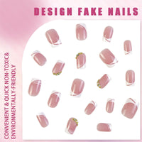 Mikloven Pink Gradient French Manicure Nails - Oval Shape Acrylic High Gloss Reusable Press On Nails For Women With White Tips Golden Sparkle Chain And Multi Layer Stripes Decorations