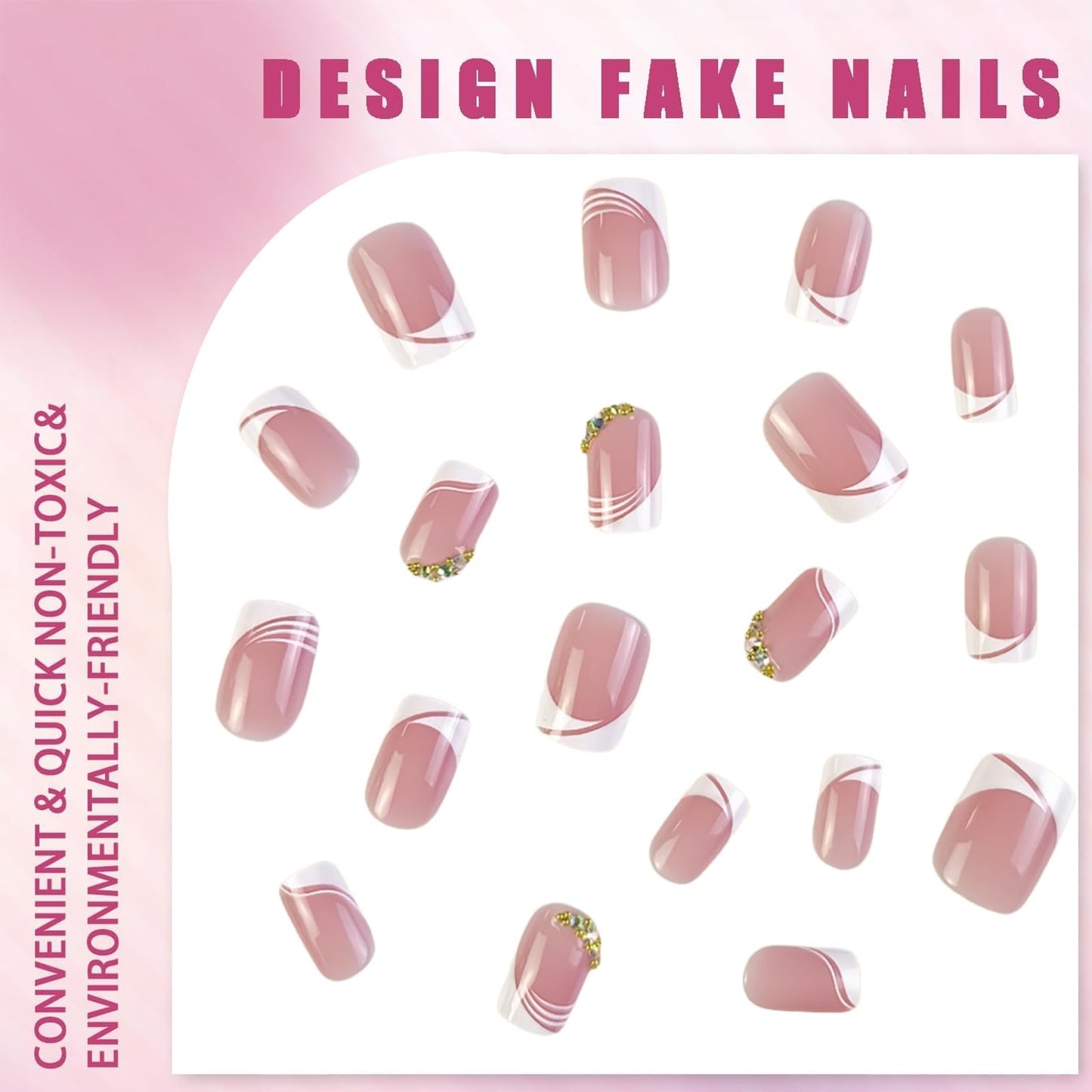 Mikloven Pink Gradient French Manicure Nails - Oval Shape Acrylic High Gloss Reusable Press On Nails For Women With White Tips Golden Sparkle Chain And Multi Layer Stripes Decorations