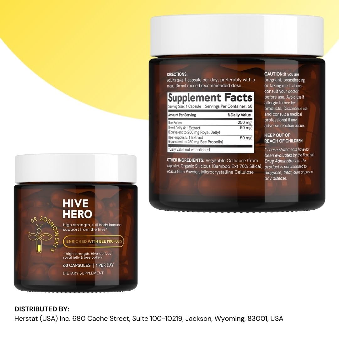 Dr Sosnowski's Hive Hero – Propolis, Royal Jelly & Bee Pollen Supplement – Triple Hive Action for Daily Wellness – 60 Vegetable Capsules