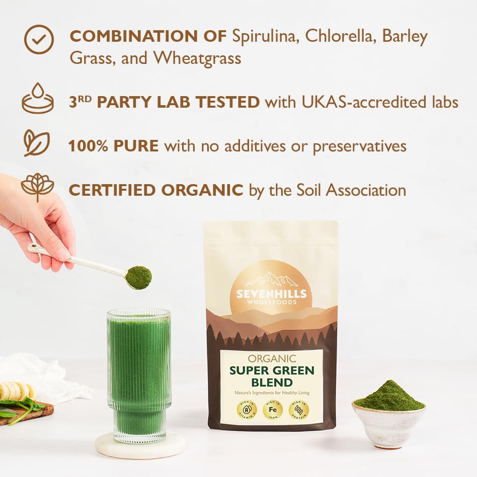 Sevenhills Wholefoods Organic Super Greens Blend 200g with Spirulina, Chlorella, Wheatgrass, Barley Grass | Supports Skin, Immunity & Reduce Tiredness | 40 Servings | UK Made