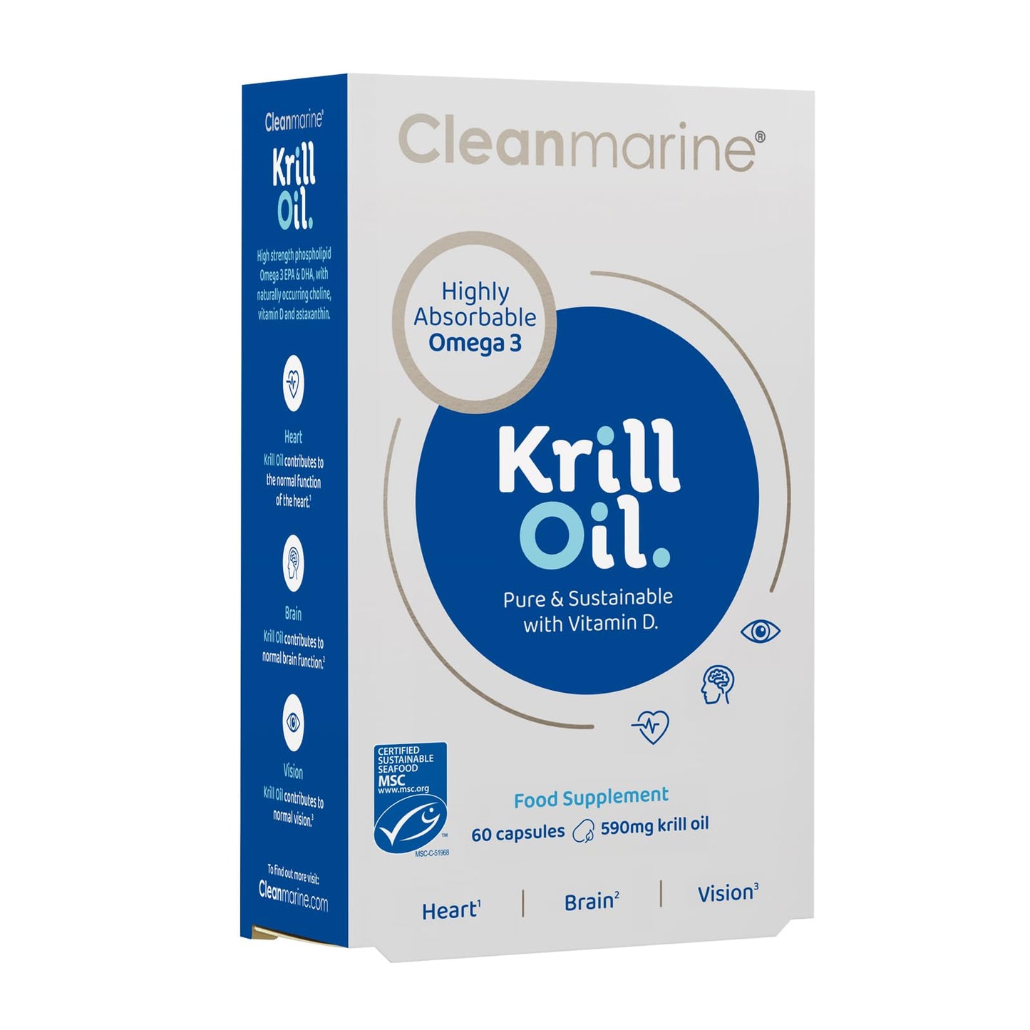 Cleanmarine Krill Oil – High Strength Omega 3 with EPA & DHA – Phospholipid Formula for Better Absorption – Plus Astaxanthin, Choline & Vitamin D – Heart, Brain & Eye Support – 60 Capsules