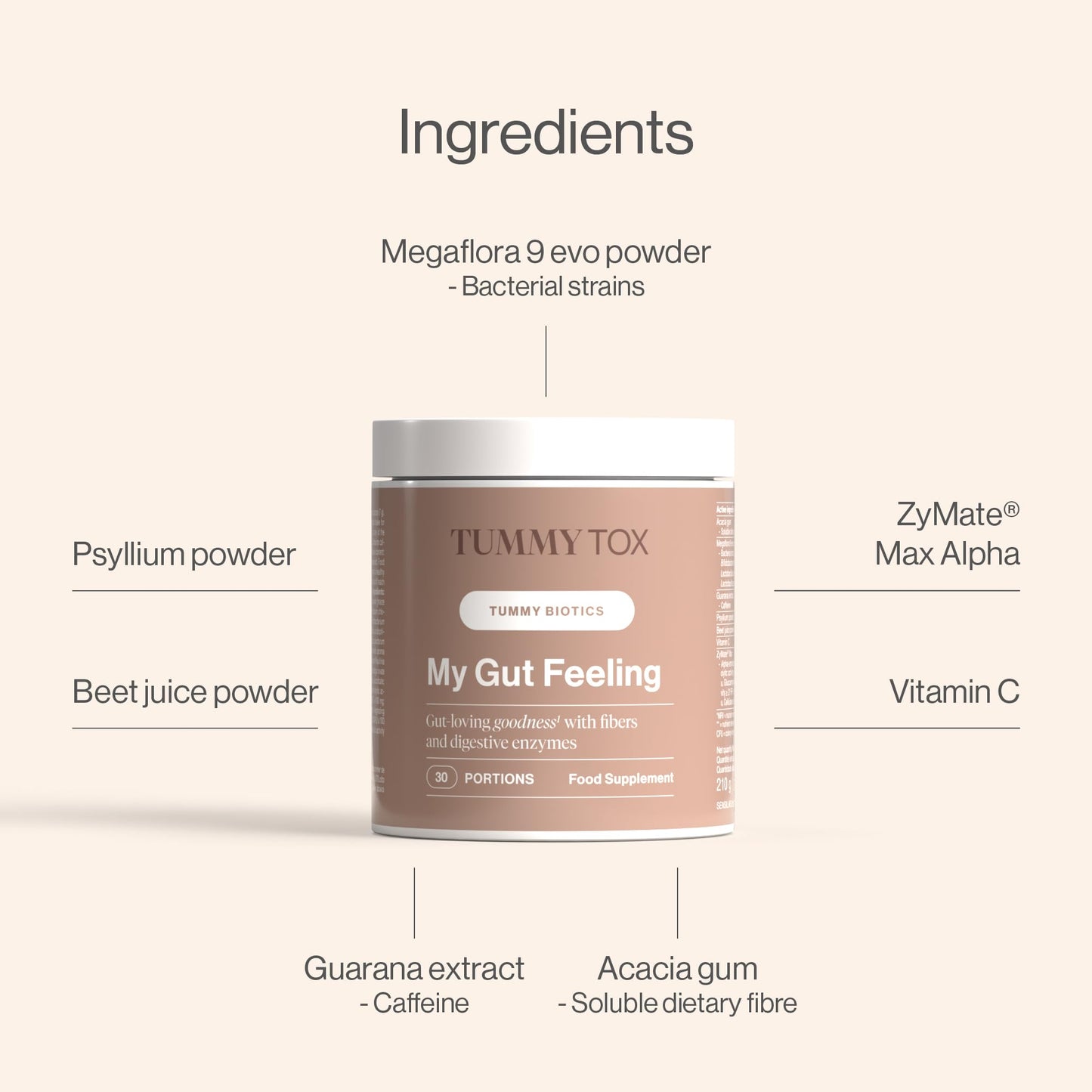 Tummy Tox Probiotics for Gut Health - Bacterial Cultures Supplement with Prebiotics, Psyllium, Acacia Fibre, Guarana, Vitamin C - 30 portions, 210 g - My Gut Feeling - TummyTox