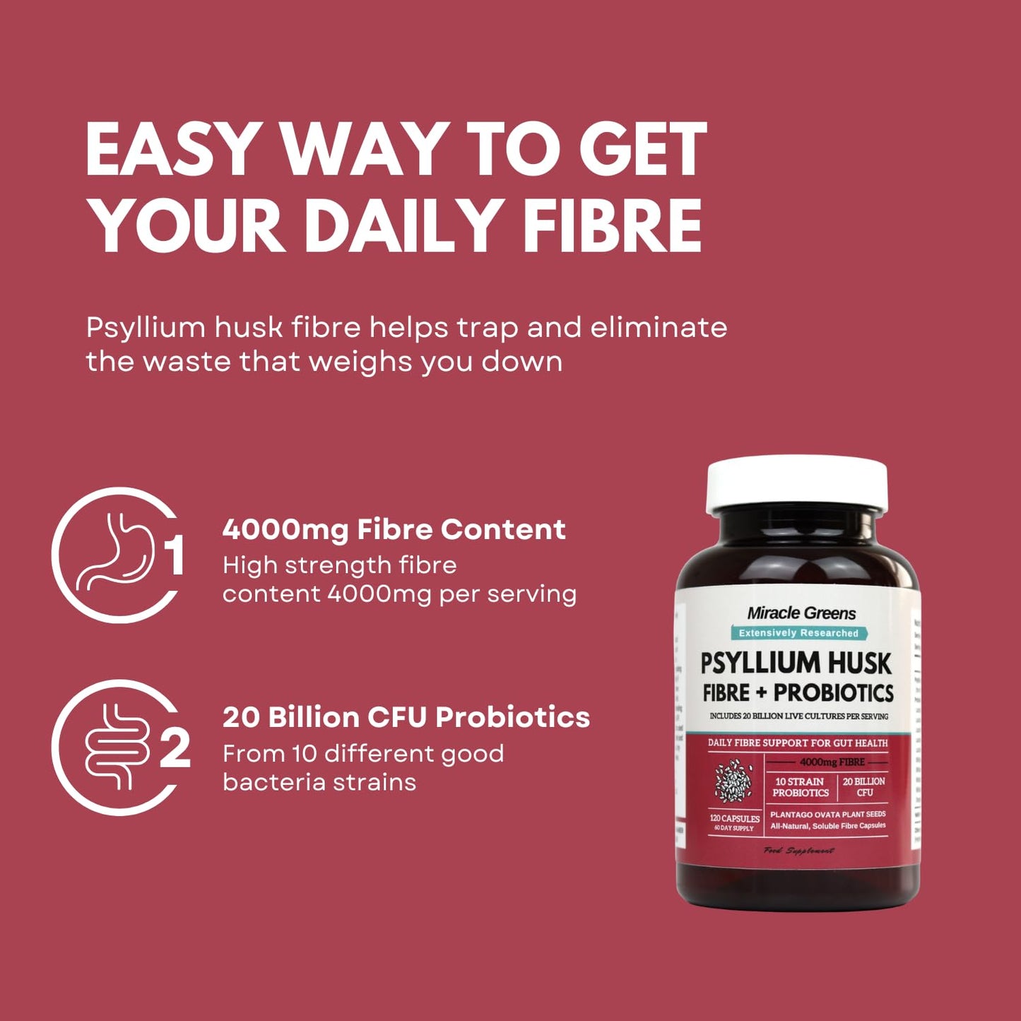 Powerful 4000mg Psyllium Husk Fibre with Probiotics – 20 Billion CFU with 10 Strains – Natural Easy to Absorb Fibre from Plantago Ovata Seeds - 120 Capsules to Promote Regularity & Digestive Health