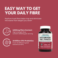 Powerful 4000mg Psyllium Husk Fibre with Probiotics – 20 Billion CFU with 10 Strains – Natural Easy to Absorb Fibre from Plantago Ovata Seeds - 120 Capsules to Promote Regularity & Digestive Health