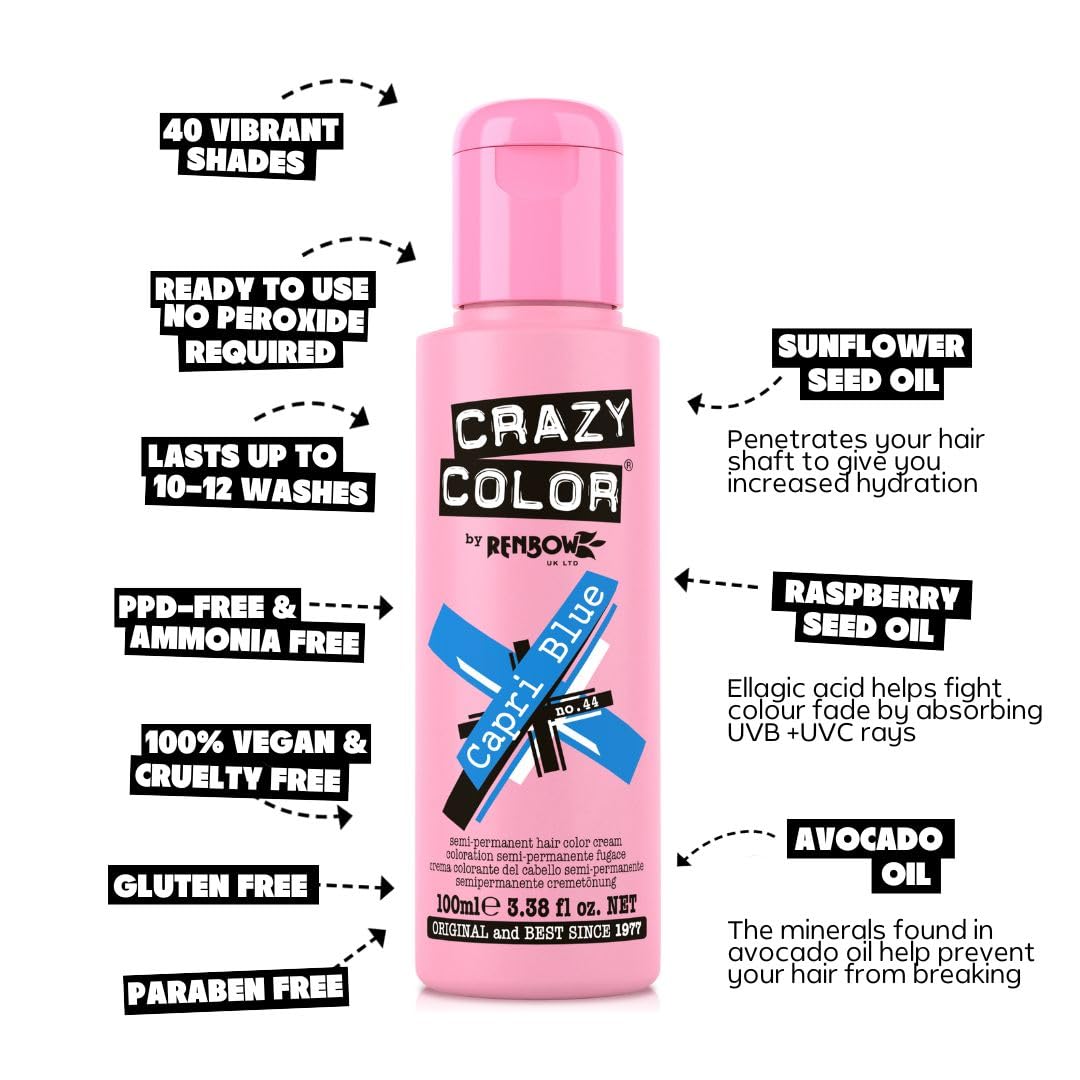 Crazy Color Vibrant Capri Blue Semi-Permanent Duo Hair Dye. Highly Pigmented Electric Blue Conditioning & Oil Nourishing Vegan Formula | No Bleach or Ammonia | 200ml