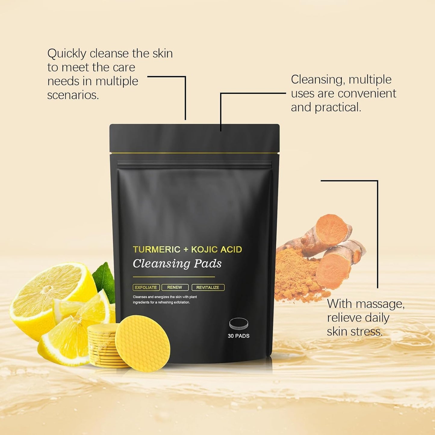 WujialingMM Turmeric Kojic Acid Cleansing Pads, 30PCS Turmeric Face Scrub Pads with Vitamin C, Turmeric Cleansing Pads For Facial Cleansing And Exfoliation