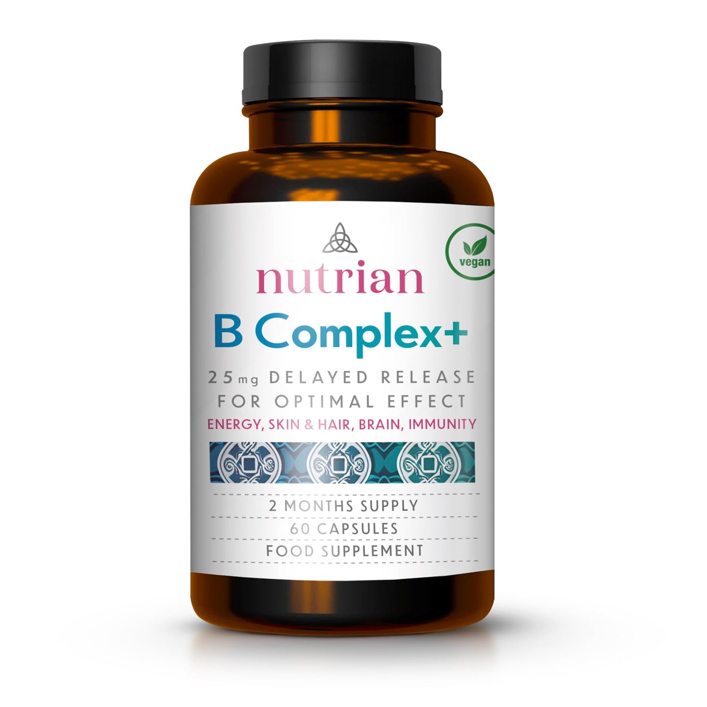 Nutrian Vitamin B Complex High Strength - 60 Capsules - Vegan - Delayed Release - Blend of B Vitamins for Immune Support, Cognitive Function, Healthy Skin & Hair - 2 Months Supply