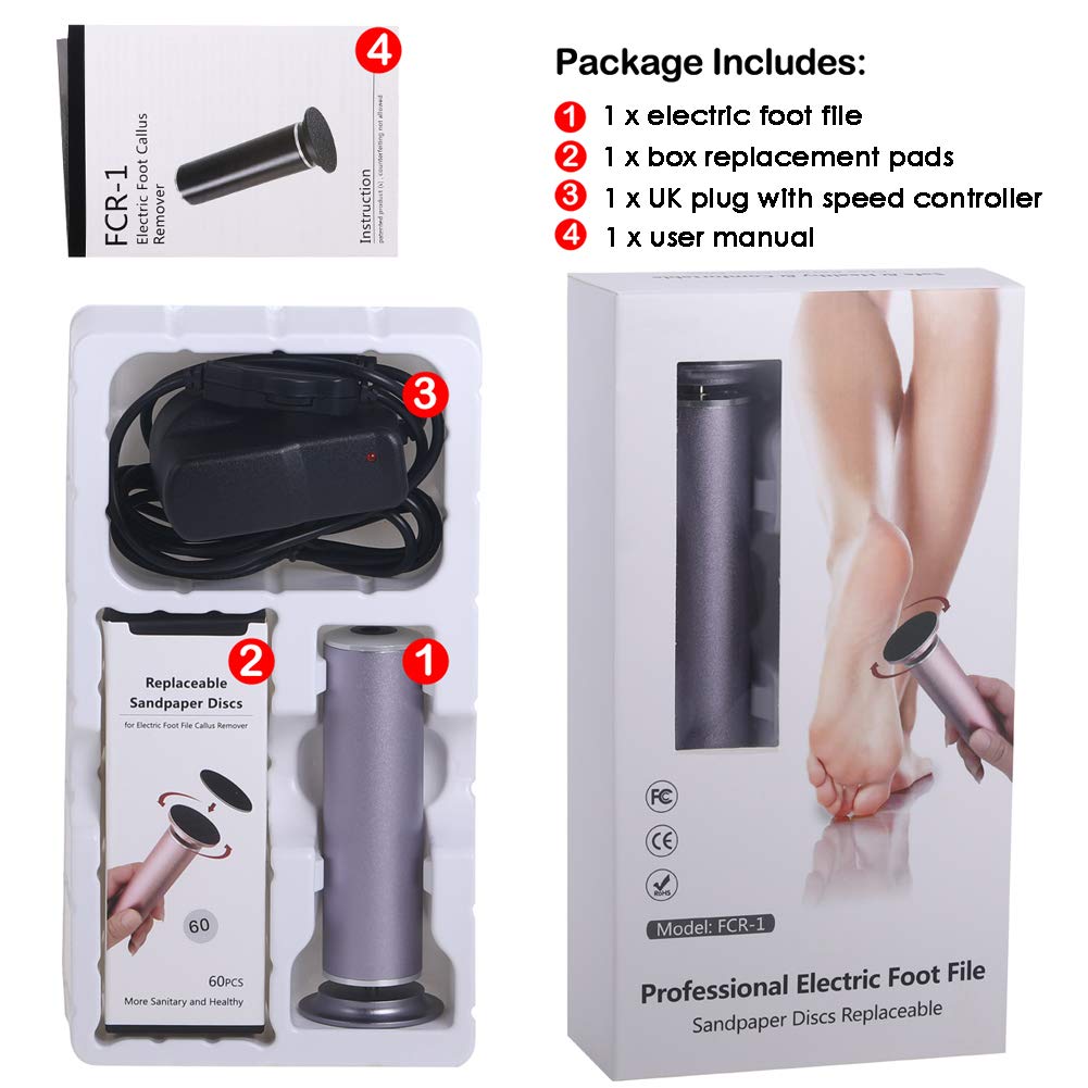Electric Foot File for Hard Skin (Speed Adjustable) with 60pcs Replacement Pads, Powerful Electric Callus Remover Pedicure Hard Dead Foot Skin Removal Machine Women Men Use (Gray)