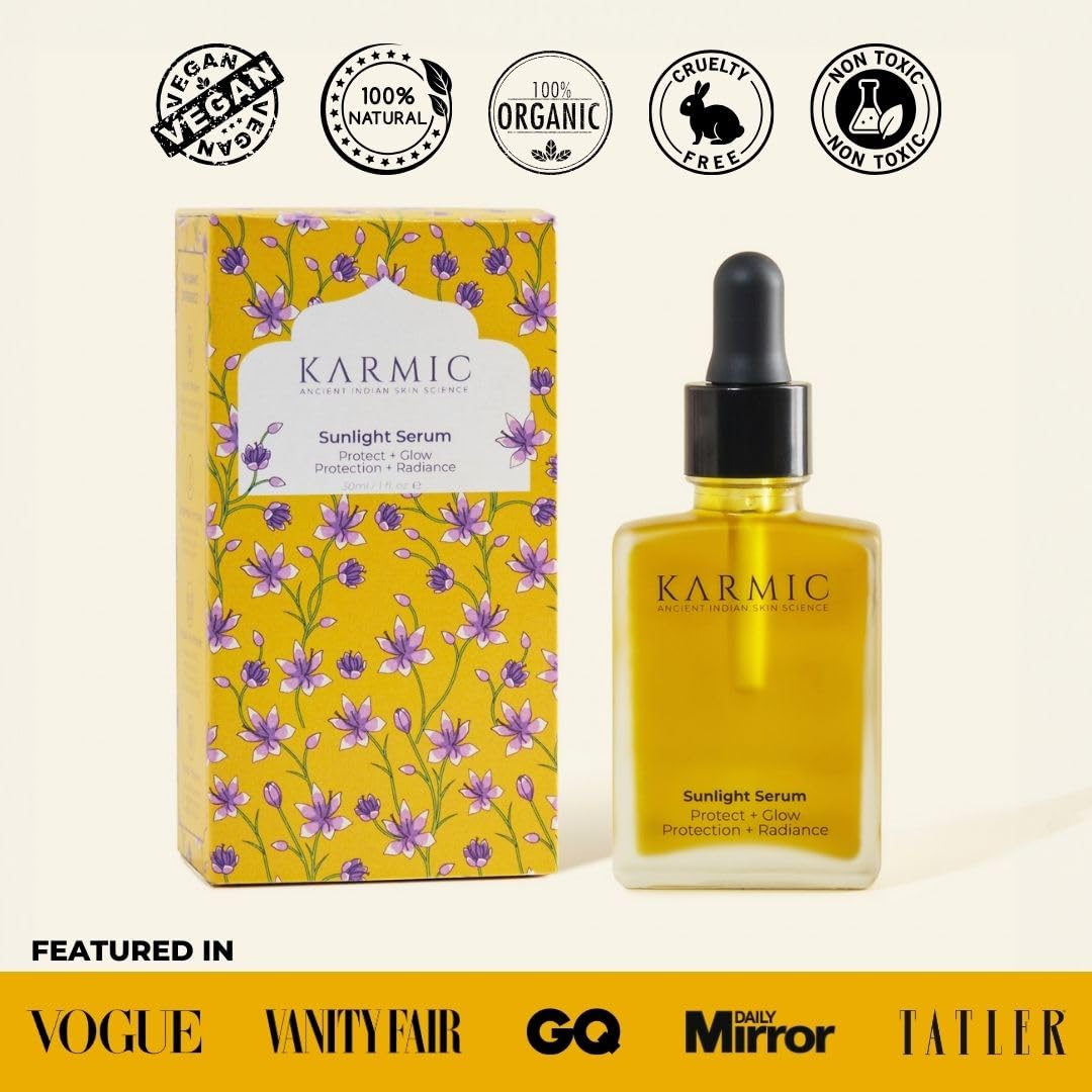 Karmic Skin Brightening Vitamin C Face Serum: With Saffron & Vit. E | Hydrate & Reveal Bright Glowing Skin | Correct Dark Spots | Treat Hyperpigmentation | Organic Facial Oil Skin Care | Women & Men