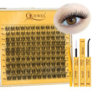 QUEWEL Wispy Cluster-Lashes Natural Look, D Curl Reusable Eyelash Extension Kit, 120 Pcs Super Thin Band Eyelash Clusters Kit with Lash Bond and Seal Waterproof and Lash Tweezer(Feather 01-kit）