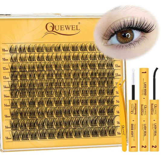 QUEWEL Wispy Cluster-Lashes Natural Look, D Curl Reusable Eyelash Extension Kit, 120 Pcs Super Thin Band Eyelash Clusters Kit with Lash Bond and Seal Waterproof and Lash Tweezer(Feather 01-kit）